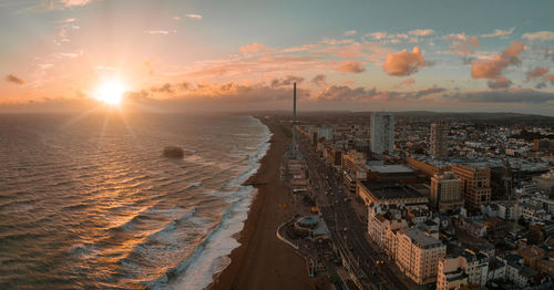 Beautiful brighton beach view. magical sunset and stormy weather in brighton