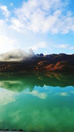 Scenic view of lake and mountains against sky