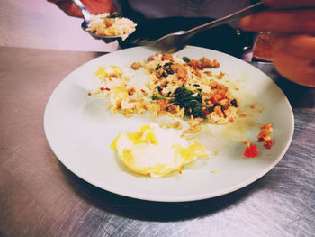 High angle view of food in plate on table