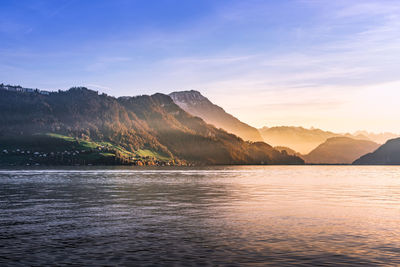 Scenic view of lake and mountains against sky