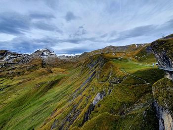 Panoramic view of land and mountains against sky