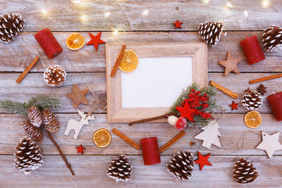 High angle view of christmas decorations on table