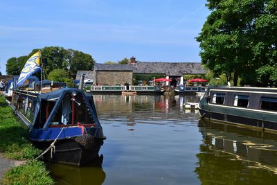 Boats in river against sky