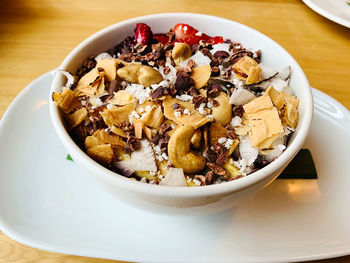 High angle view of breakfast in bowl on table