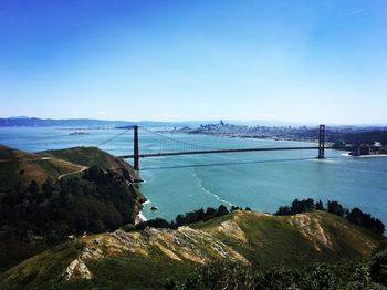 Scenic view of bridge over river against blue sky