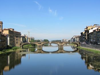 Bridge over river in city against sky