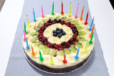 High angle view of cake in plate on table