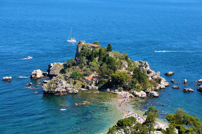 Aerial view of isola bella island in taormina, italy