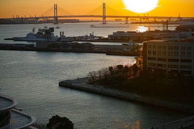 Bridge over river at sunset