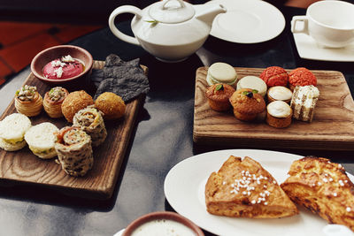 High angle view of breakfast on table
