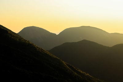 Scenic view of mountains against sky during sunset