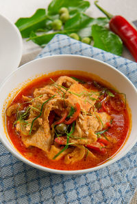 High angle view of soup in bowl on table