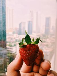 Close-up of hand holding strawberry