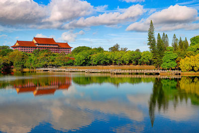 Mirror of the sky over the lake.chinese palace architecture,scenic landscape view,beautiful forest.