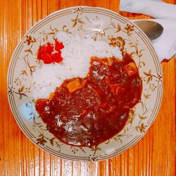 High angle view of food served on table