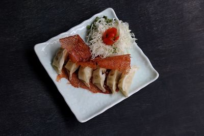 High angle view of food in plate on table