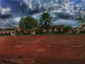 Trees and houses on field against sky