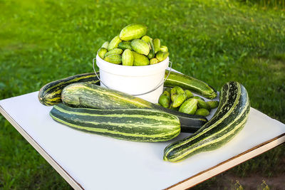 High angle view of fruits in plate on table