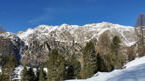 Scenic view of snow covered mountains against sky