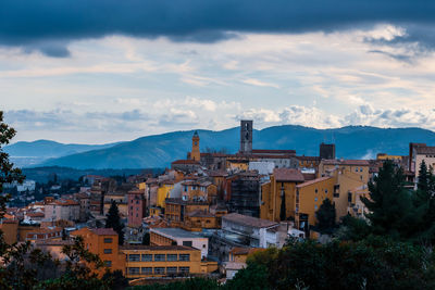 High angle shot of townscape against sky