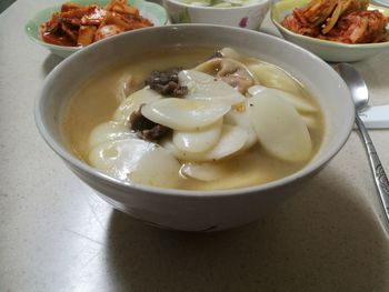 High angle view of soup in bowl on table