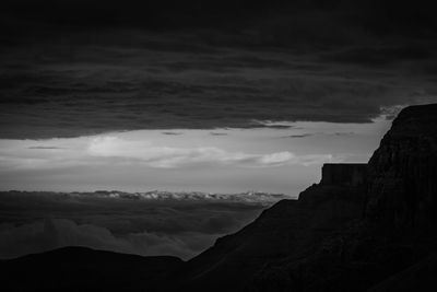 Scenic view of silhouette mountains against sky at dusk