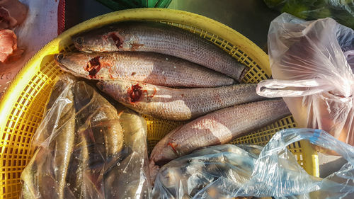 High angle view of fish for sale in market