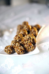 Close-up of granola balls in plate