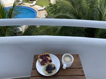 High angle view of breakfast served on table