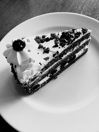 High angle view of cake in plate on table