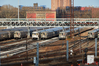 Coney island train yard with several parked nyc trains