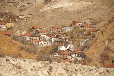 High angle view of buildings in town