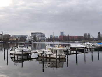 Boats moored at harbor