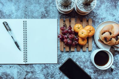 High angle view of breakfast on table