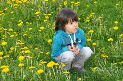 Portrait of cute girl standing amidst yellow flowers on field