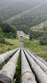 High angle view of large water pipes at a hydro electricity station 