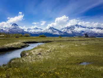 Scenic view of snowcapped mountains against sky