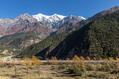 Scenic view of snowcapped mountains against clear sky