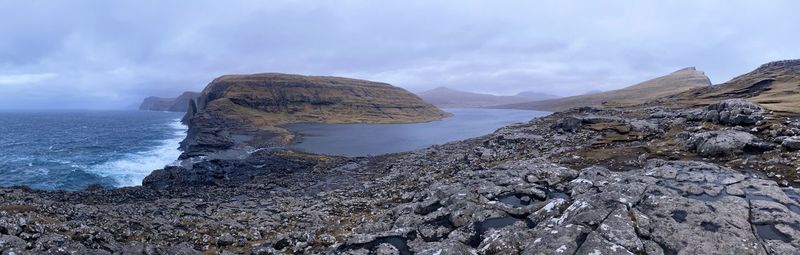 Panoramic view of rocks on beach against sky