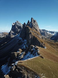 Scenic view of rocky mountains against clear blue sky