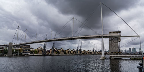 View of suspension bridge against cloudy sky