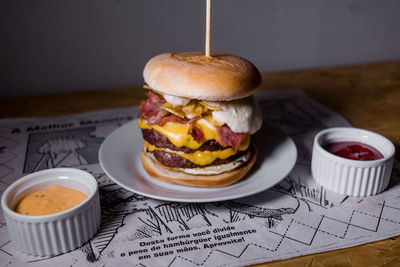 Close-up of breakfast served on table