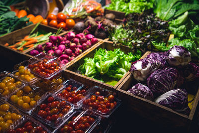 High angle view of vegetables for sale in market