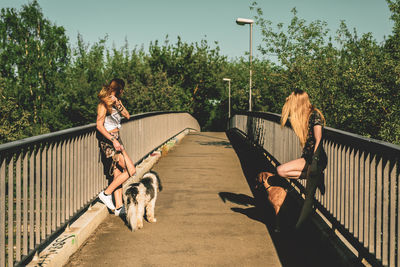 Young women with dogs standing on footbridge against clear sky during sunny day