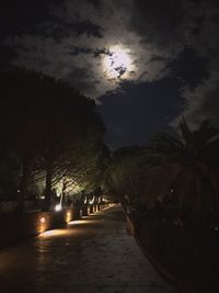 Road amidst trees against sky at night