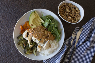High angle view of food in plate on table