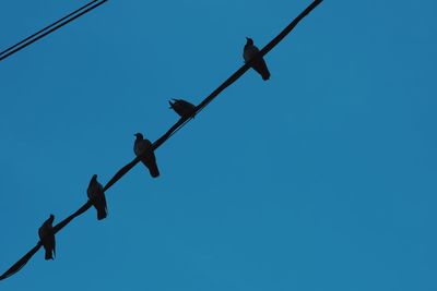 Low angle view of silhouette crane against clear blue sky