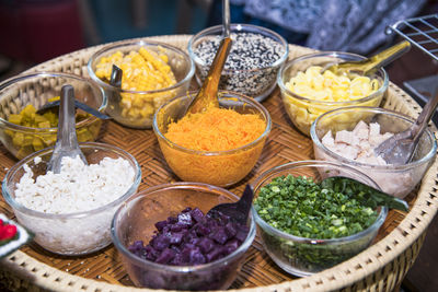 High angle view of various food on table