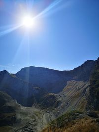 Scenic view of mountains against clear sky on sunny day