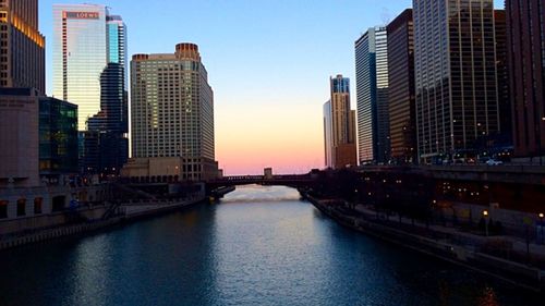 City skyline at sunset